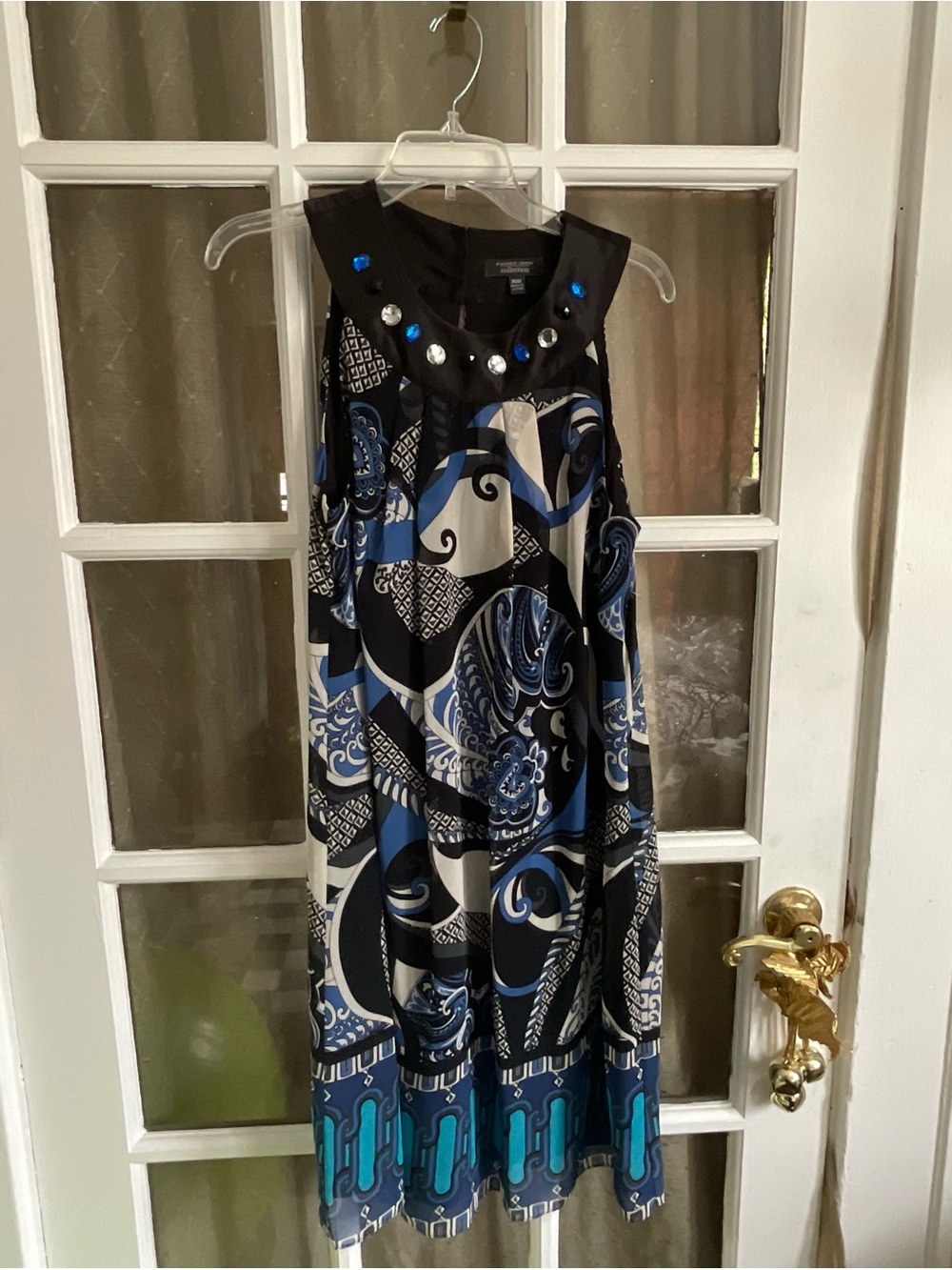 dressbarn Black, Blue & White Embellished Neckline Midi Dress